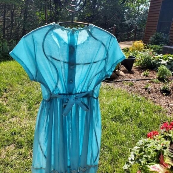 Vintage Handmade Bright Sea Blue with Floral Lace Trim Sz S Dress - Picture 2 of 6